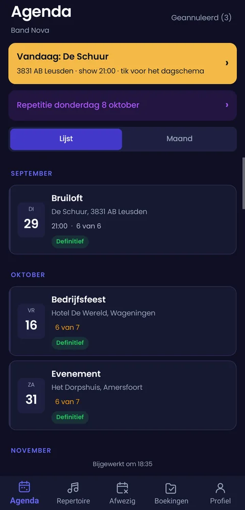 The calendar in the 4am app, with upcoming shows