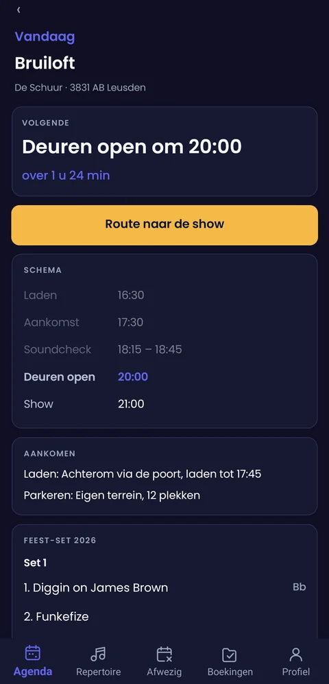 The show-day screen in the 4am app: what's next, directions and the schedule